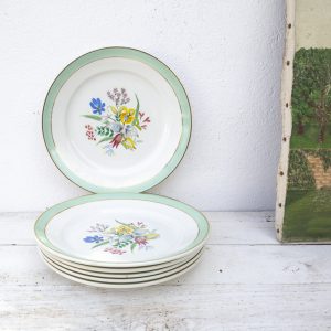6 assiettes plates Badonviller motifs fleurs bandeau mint et doré
