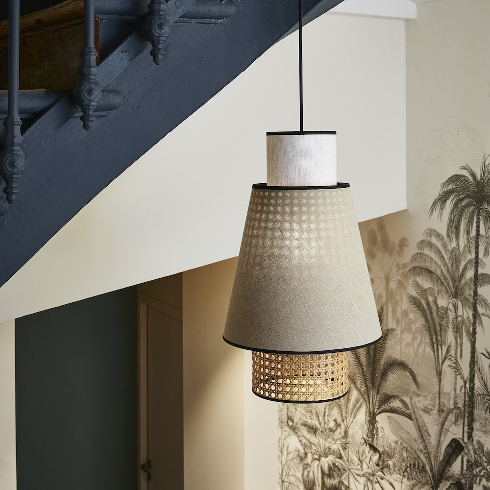 Suspension Singapour PM Nude / blanc en cannage & lin naturel par Market Set – Image 7