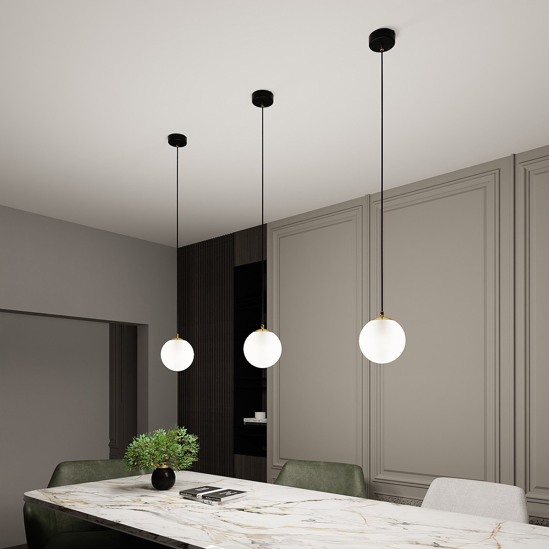 Suspension Royal base en métal et détail doré avec abat jour en boule de verre opale au design contemporain par Emibig – Image 4